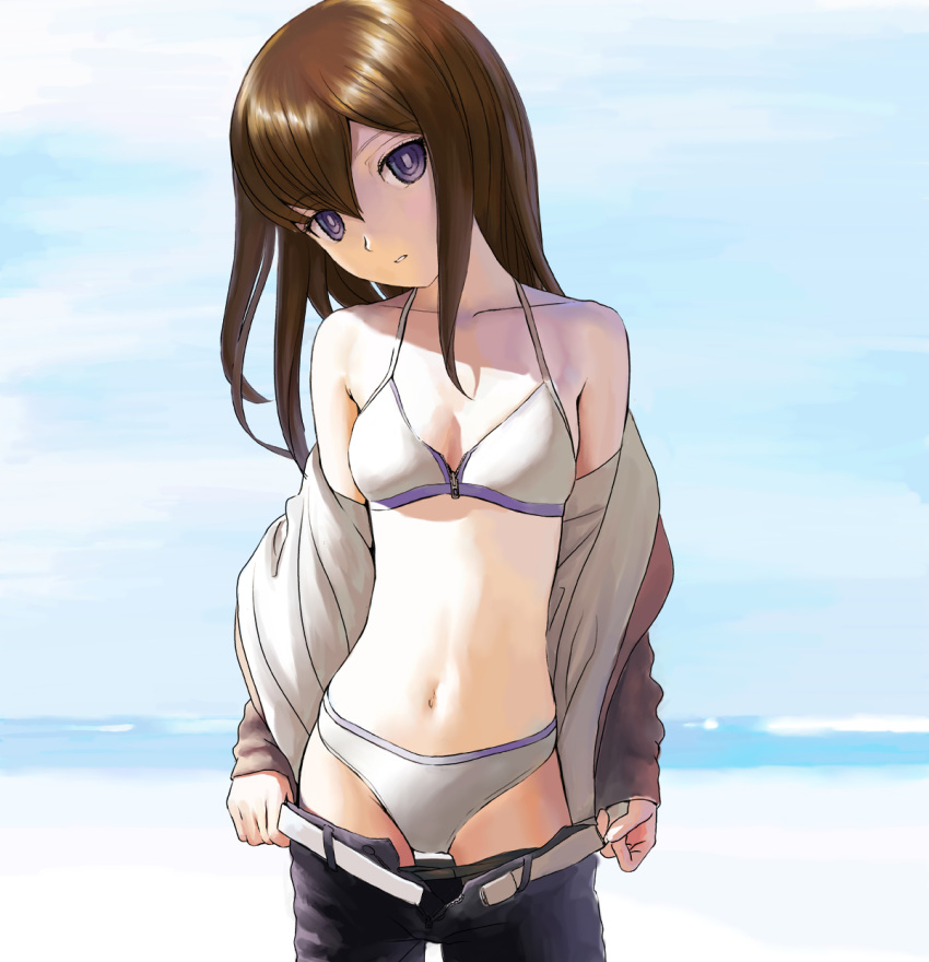 belt, bikini, brown_hair, head_tilt, highres, jacket, long_hair, looking_at_viewer