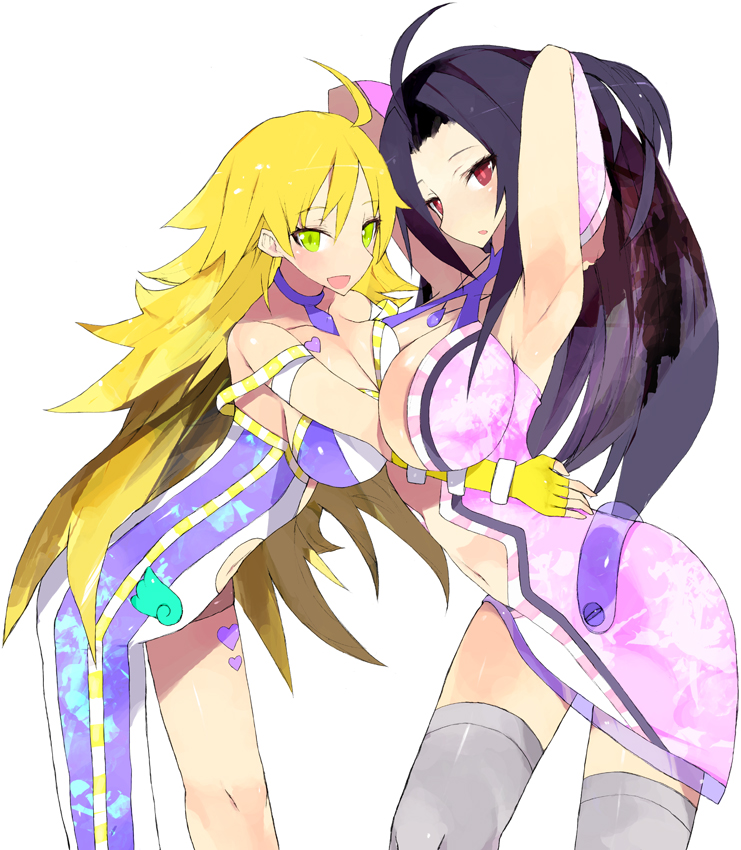 ahoge, armpits, arms_up, asymmetrical_docking, between_breasts, black_hair, blonde_hair, breast_press