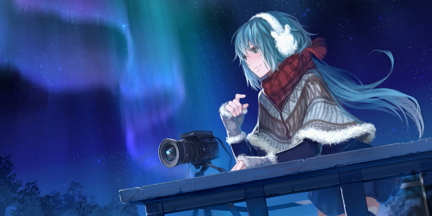 aqua_hair, aurora, black_legwear, blush, bunny_earmuffs, camera, earmuffs, fingerless_gloves