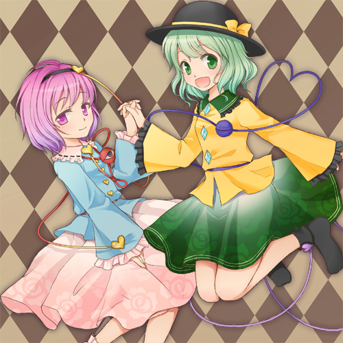 argyle, argyle_background, ascot, brown_background, dress, green_hair, hairband, hat