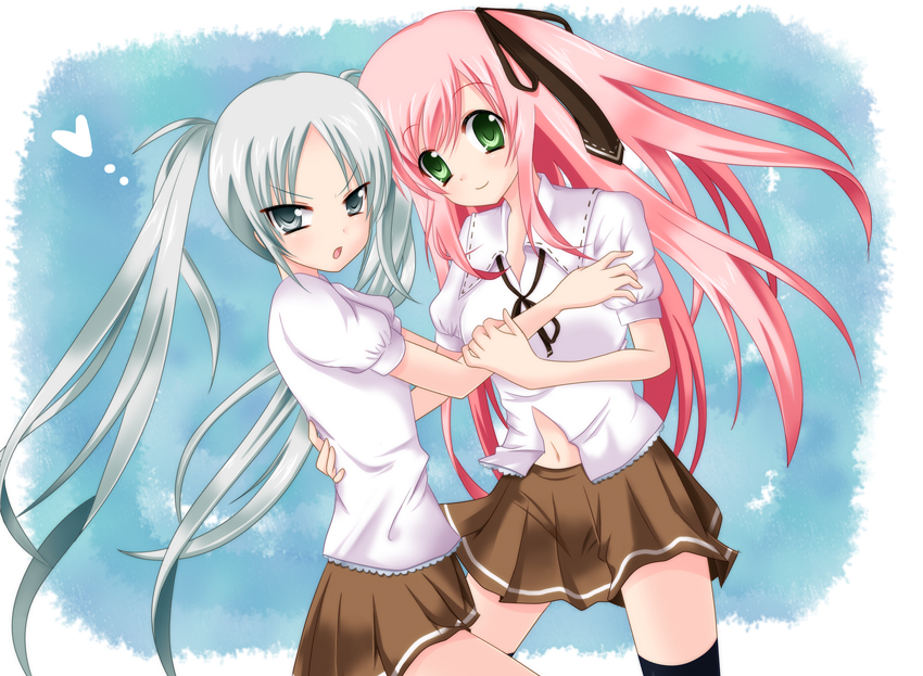 black_legwear, green_eyes, grey_eyes, hair_ribbon, heart, long_hair, multiple_girls, original