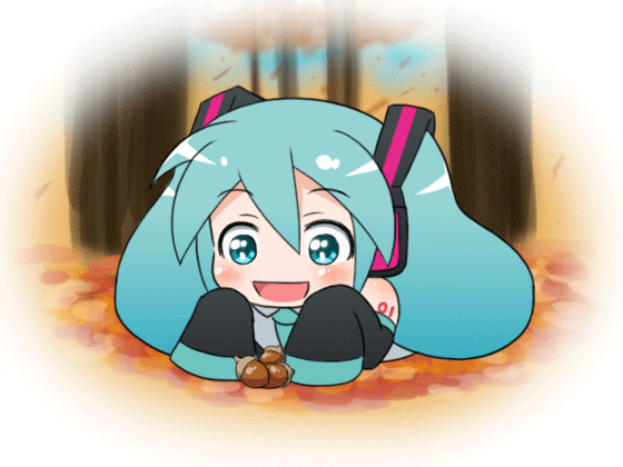 :d, ^_^, acorn, animated, animated_gif, aqua_eyes, aqua_hair, chibi, closed_eyes, detached_sleeves, gif, happy, hatsune_miku, lying, mameshiba, musical_note, open_mouth, smile, solo, twintails, vocaloid