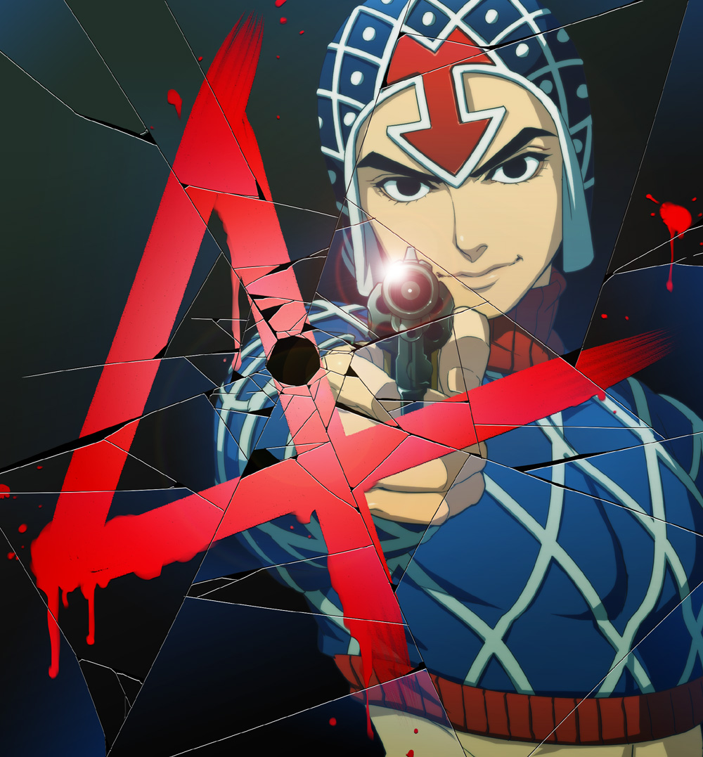 black_eyes, broken_glass, bullet_hole, glass_crack, guido_mista, gun, hat, jojo_no_kimyou_na_bouken