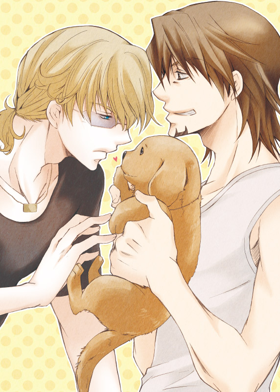 alternate_hairstyle, barnaby_brooks_jr, blonde_hair, blue_eyes, brown_eyes, brown_hair, dog, facial_hair