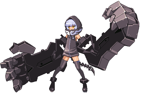 black_rock_shooter, e79, hoodie, lowres, mechanical_arm, pixel_art, simple_background, solo, strength_(black_rock_shooter), tail, thigh-highs, thighhighs, transparent_background, white_hair, yellow_eyes