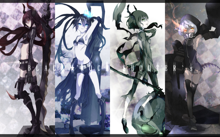 bikini_top, black_gold_saw, black_hair, black_rock_shooter, black_rock_shooter_(character), blue_eyes, boots, dead_master