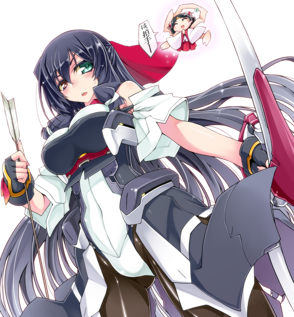 arrow, asama_tomo, black_hair, black_legwear, blush, bodysuit, bow_(weapon), breasts