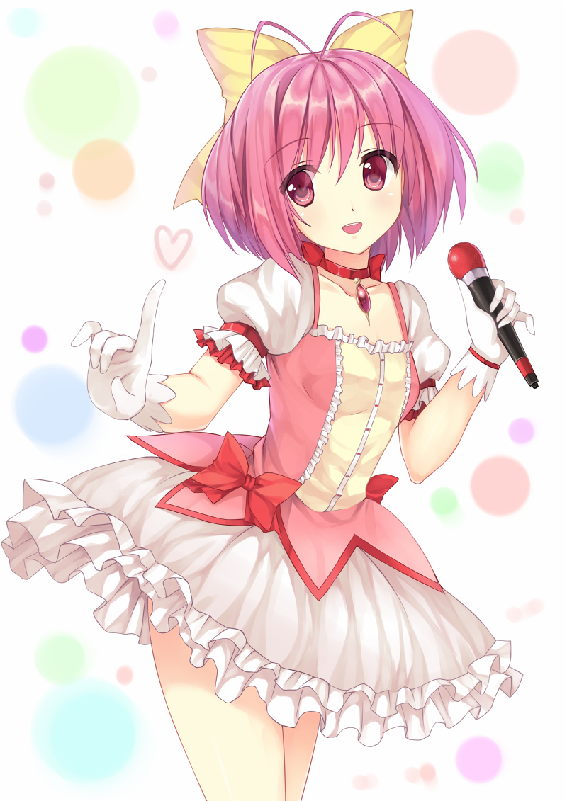 antenna_hair, bow, cosplay, index_finger_raised, kami_nomi_zo_shiru_sekai, kaname_madoka, kaname_madoka_(cosplay), kasami_(caidychen), look-alike, mahou_shoujo_madoka_magica, microphone, nakagawa_kanon, pink_eyes, pink_hair, raised_finger, solo