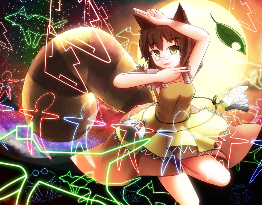 agent_(artist), agent_(ikuoikuo), animal_ears, brown_eyes, brown_hair, danmaku, dress, futatsuiwa_mamizou