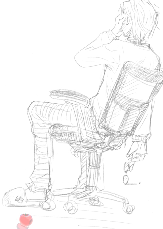 apple_inc., bill_gates, chair, commentary_request, facepalm, food, from_behind, fruit, glasses, glasses_removed, male, microsoft, monochrome, office_chair, rerere, sitting, sketch, slippers, spot_color, steve_jobs, windows_logo