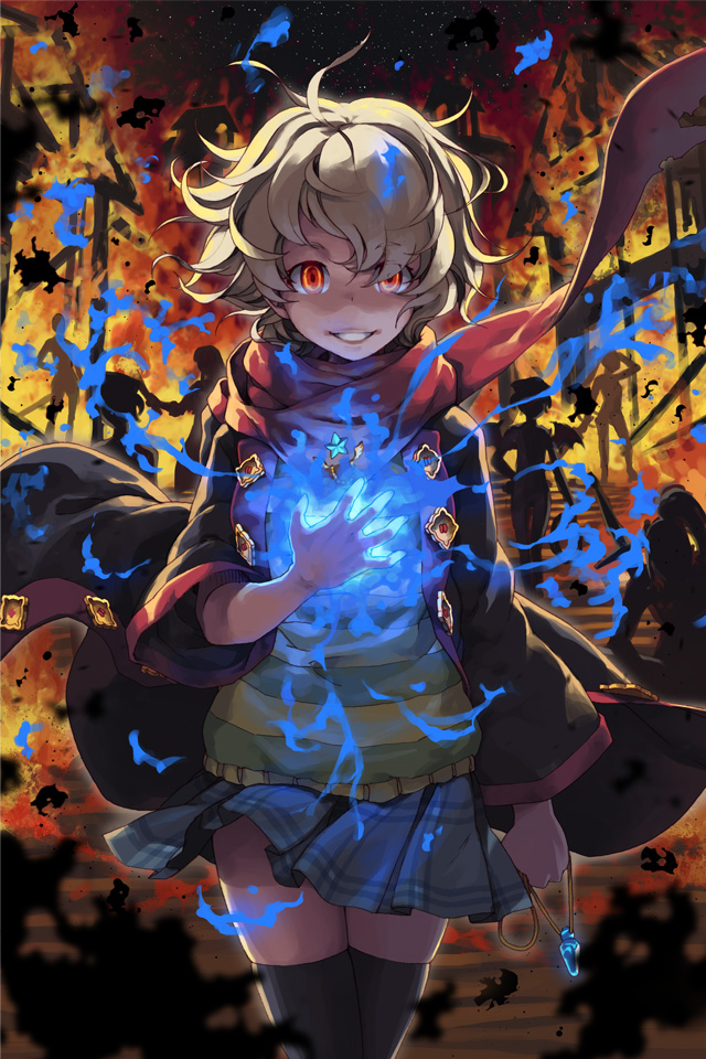 black_legwear, blonde_hair, blue_fire, character_request, energy, fire, glowing, glowing_eyes, grin, gs_1st_star, lena_(zoal), looking_at_viewer, red_eyes, sangiovese, scarf, short_hair, silhouette, skirt, smile, solo, sword_girls, thigh-highs, thighhighs, zettai_ryouiki