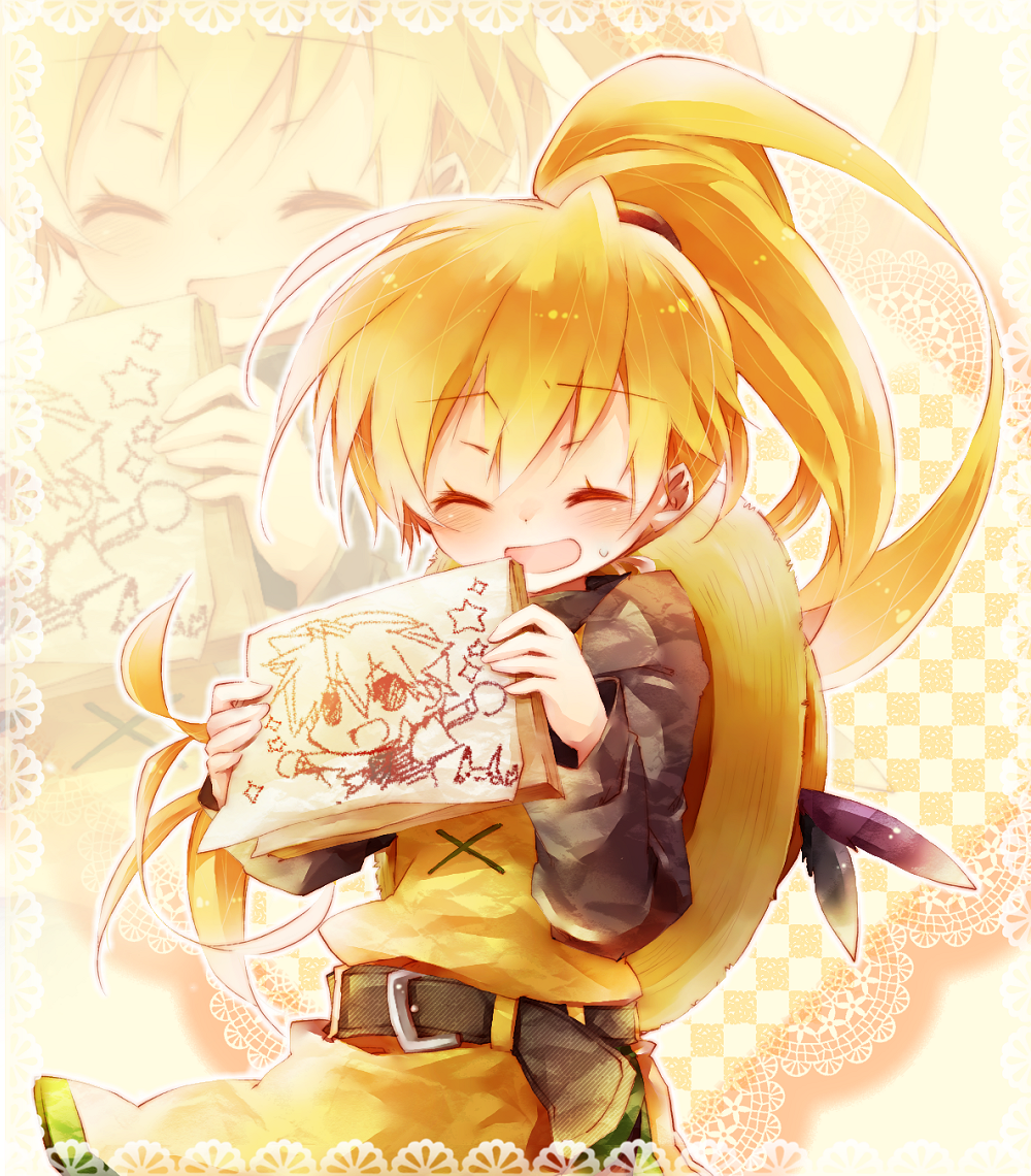 1girl, amamiya_kabosu, belt, blonde_hair, closed_eyes, drawing, eyes_closed, feathers, hat, hat_removed, headwear_removed, pokemon, pokemon_special, ponytail, red_(pokemon), sun_hat, yellow_(pokemon), zoom_layer