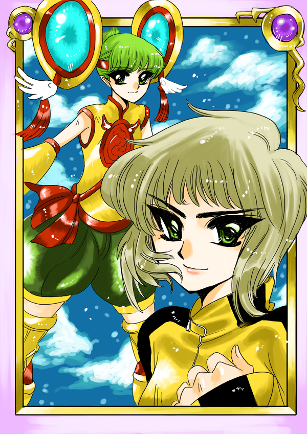 2girls, 773, art_style_parody, blonde_hair, bruce_lee's_jumpsuit, bruce_lee's_jumpsuit, chinese_clothes, clamp