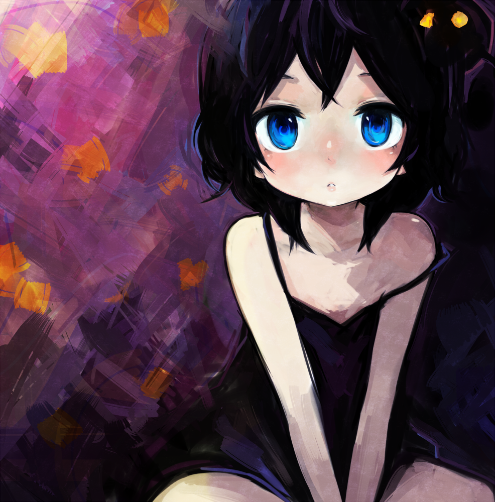 between_thighs, black_dress, black_hair, blue_eyes, blush, creature, darkness, dress