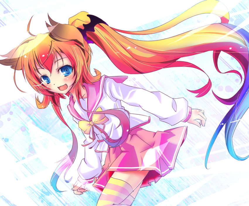 fang, gradient_hair, itsuka_tenma_no_kuro_usagi, multicolored_hair, school_uniform, smile, thigh-highs, thighhighs
