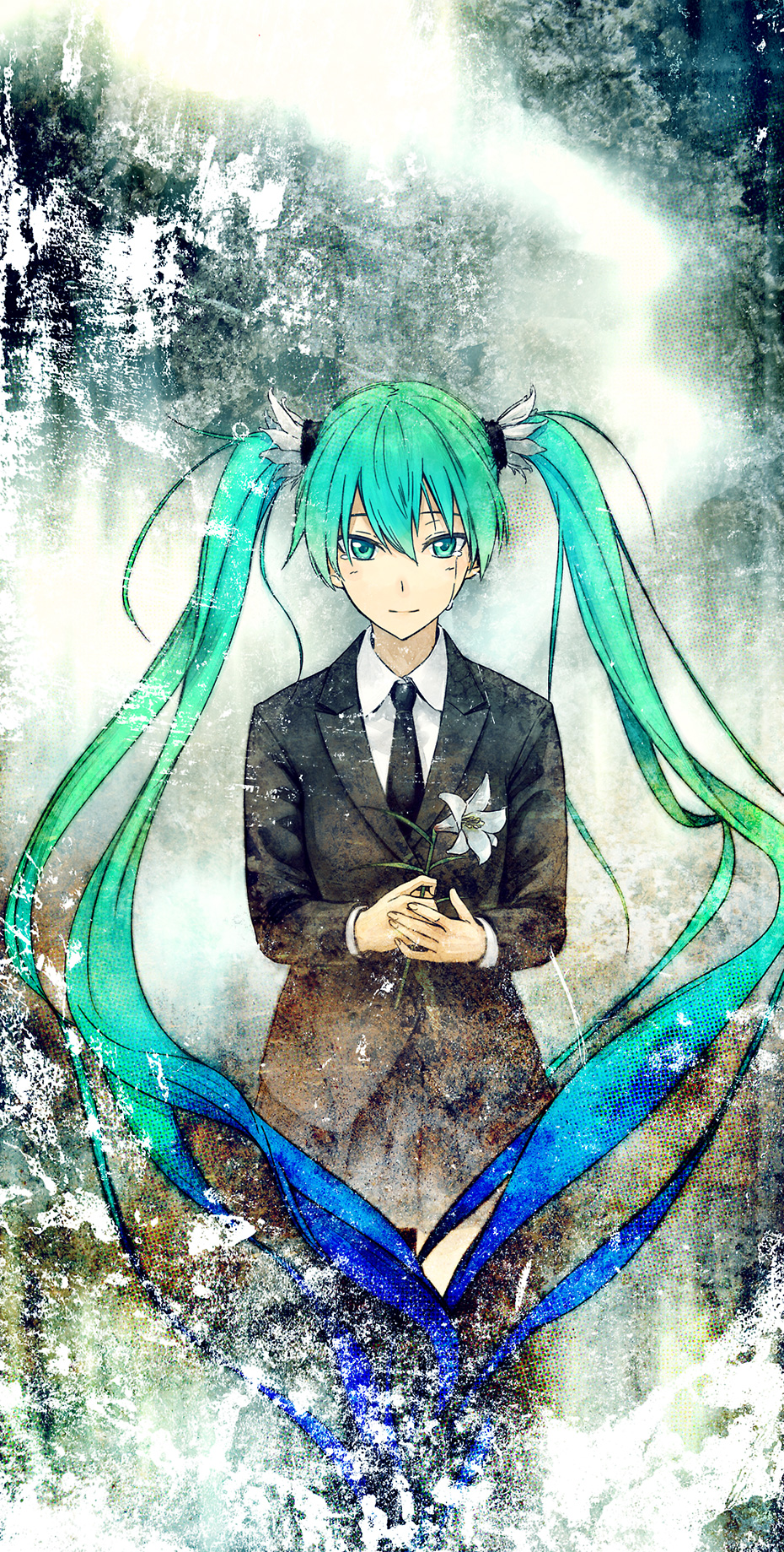 aqua_eyes, aqua_hair, flower, formal, gou_(double_trigger), hatsune_miku, highres, long_hair, necktie, saihate_(vocaloid), solo, tears, twintails, very_long_hair, vocaloid
