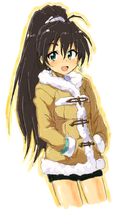 blue_eyes, coat, earrings, fur_trim, ganaha_hibiki, hands_in_pockets, idolmaster, jacket