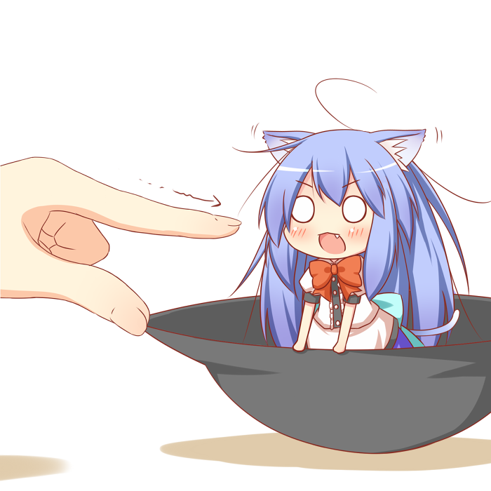 animal_ears, blue_hair, blush, cat_ears, cat_tail, chibi, fang, hat