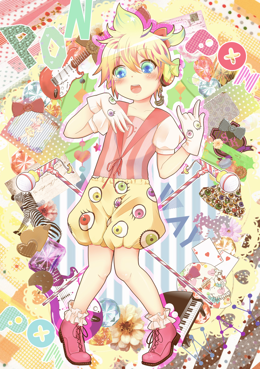 1boy, animal, banana, banana_print, blonde_hair, blue_eyes, cards, cosplay, crypton_future_media, eyeball_print, flower, food, gloves, guitar, highres, horse_print, human, instrument, jewerly, kagamine_len, kyary_pamyu_pamyu, macaron, male, mamakari, musical_instrument, open_mouth, piano, playing_cards, ponponpon, real_life, realistic, realistic_photo, skull, solo, tagme, trap, vocaloid, yamaha_(company), zebra