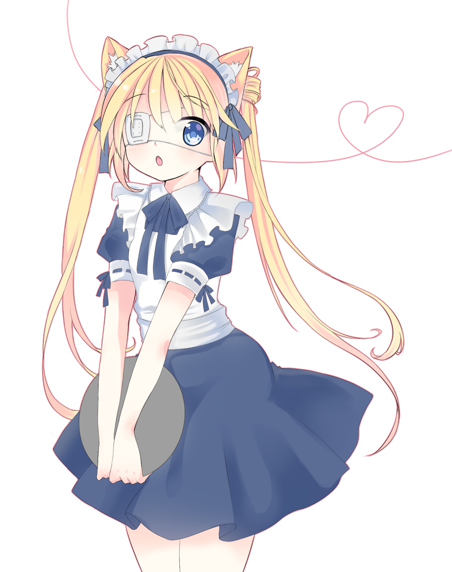 1girl, animal_ears, blonde_hair, blue_eyes, cat_ears, eyepatch, heart, heart_of_string, maid, maid_headdress, muikou_(moeko0903), nakatsu_shizuru, open_mouth, rewrite, solo, twintails, v_arms