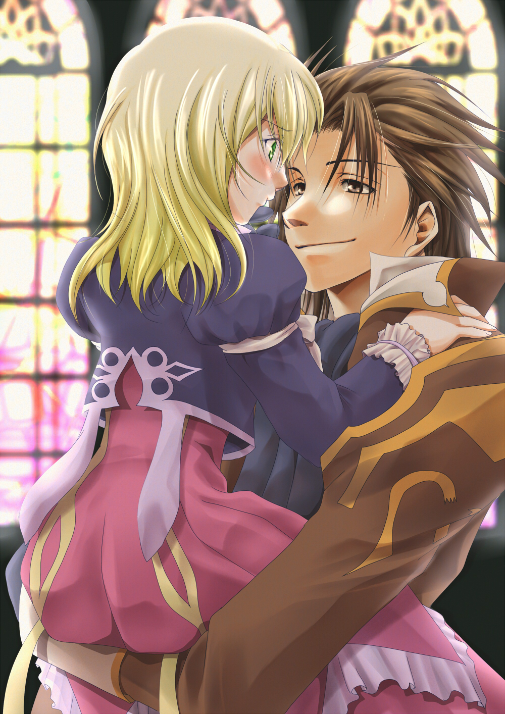 alvin_(tales_of_xillia), blonde_hair, blush, bolero, brown_eyes, brown_hair, carrying, coat, dress, elise_lutas, elise_lutus, fujiwara_system, green_eyes, highres, short_hair, smile, tales_of_(series), tales_of_xillia, window