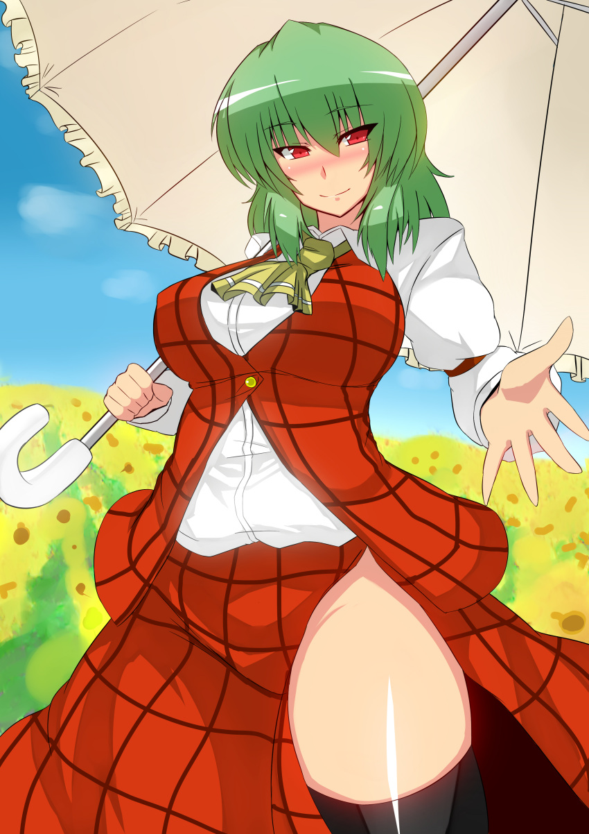 absurdres, black_legwear, blush, flower, green_hair, highres, kazami_yuuka, meicha_(drill-biyori)