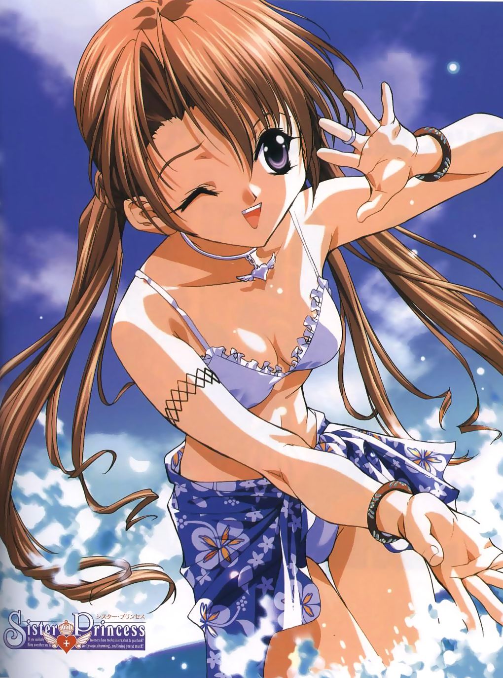;d, armlet, artist_request, bangs, bikini, bracelet, breasts, brown_hair