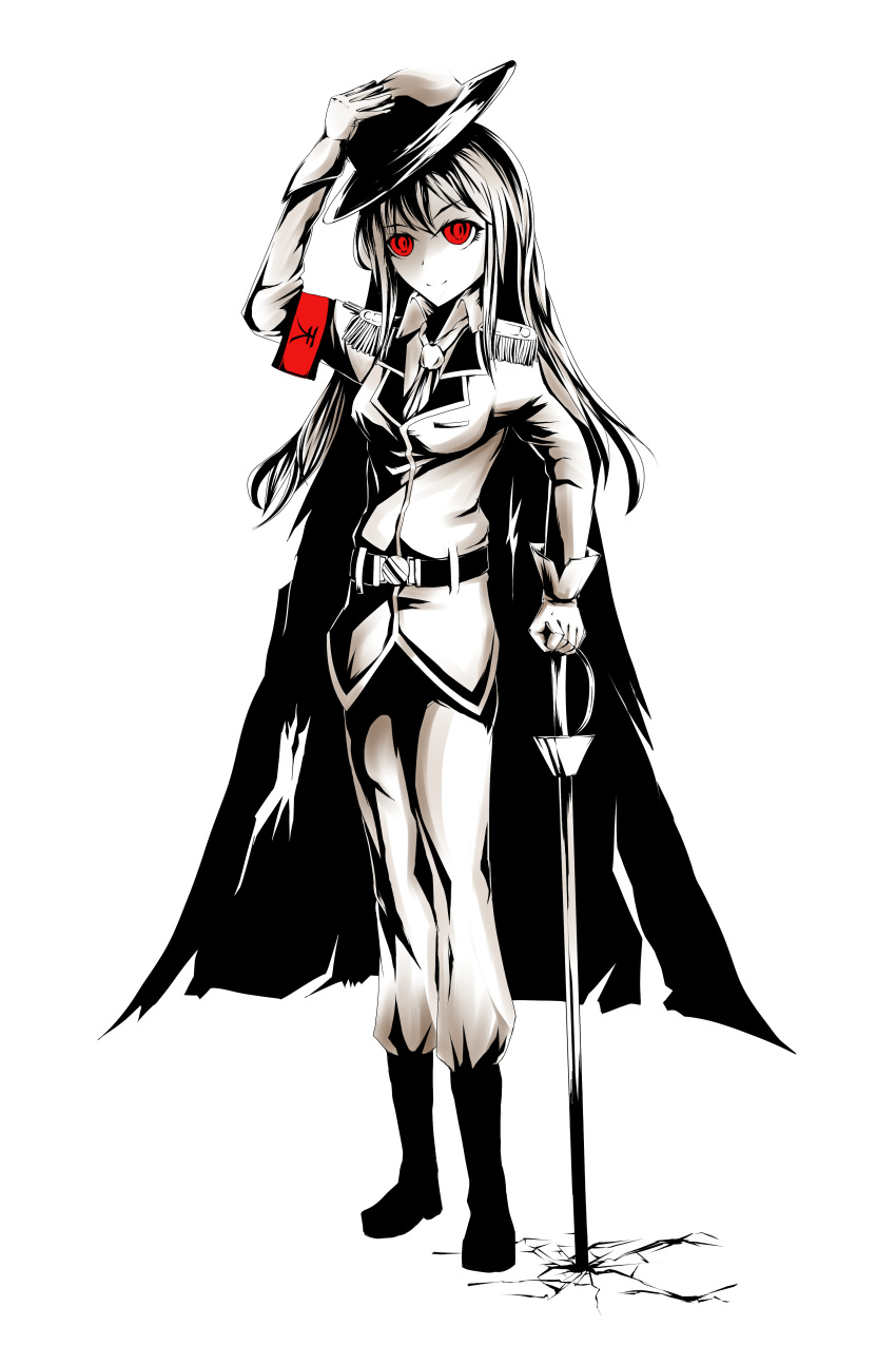 1girl, absurdres, arm_up, armband, bangs, belt, boots, cape, clothes_writing, crack, cracks, epaulettes, gloves, hand_on_hilt, hat, hat_tip, highres, hinanawi_tenshi, holding, jacket, long_hair, looking_at_viewer, military, military_uniform, monochrome, necktie, pants, rapier, red_eyes, simple_background, smile, solo, spot_color, standing, sword, tipping_hat, touhou, translated, uniform, weapon