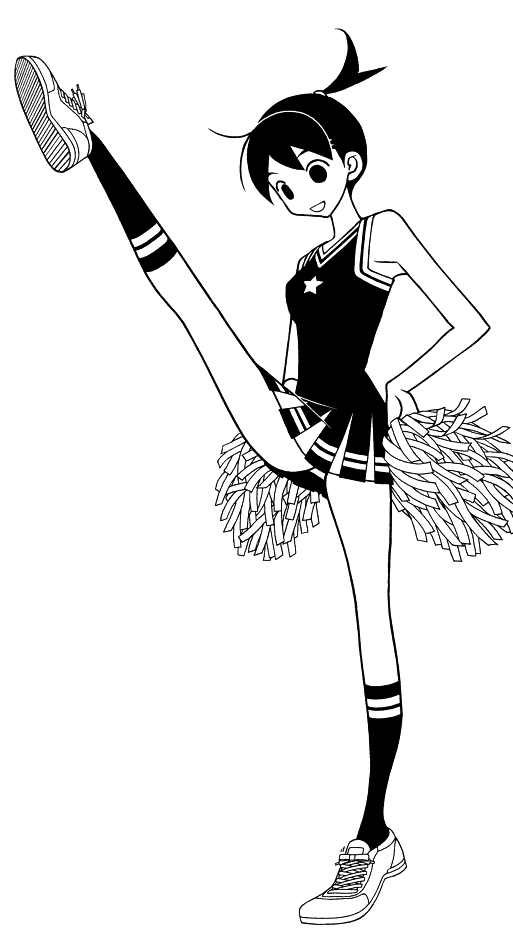 cheerleader, kumeta_kouji, leg_up, monochrome, official_art, ookusa_manami, panties, pom_poms
