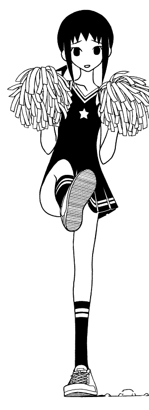 cheerleader, eyebrows, kaga_ai, kumeta_kouji, leg_up, monochrome, official_art, pom_poms