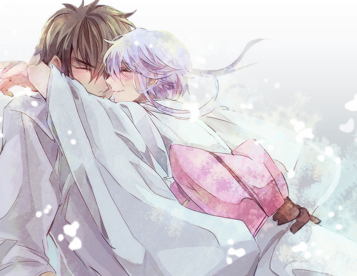 1girl, black_hair, blue_hair, blush, closed_eyes, couple, eyes_closed, hug
