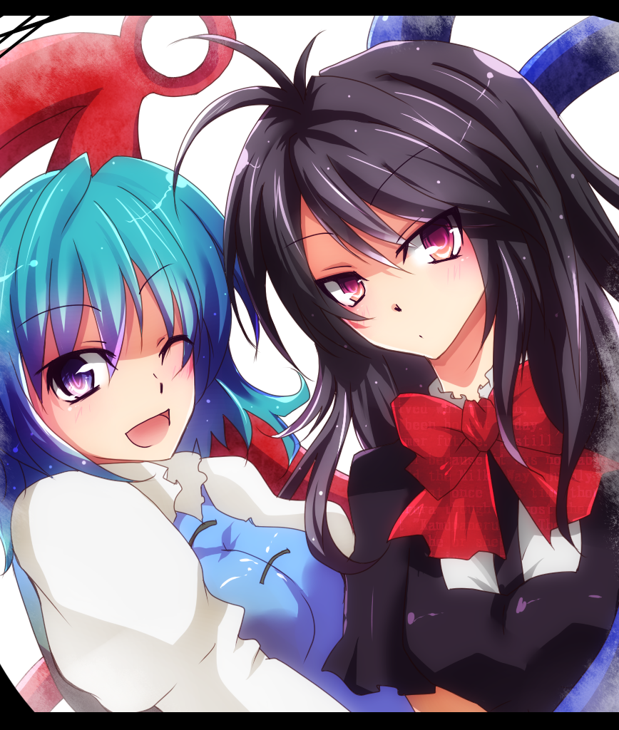 ahoge, asymmetrical_wings, black_hair, blue_eyes, blue_hair, bow, dress, hivalu_nagare