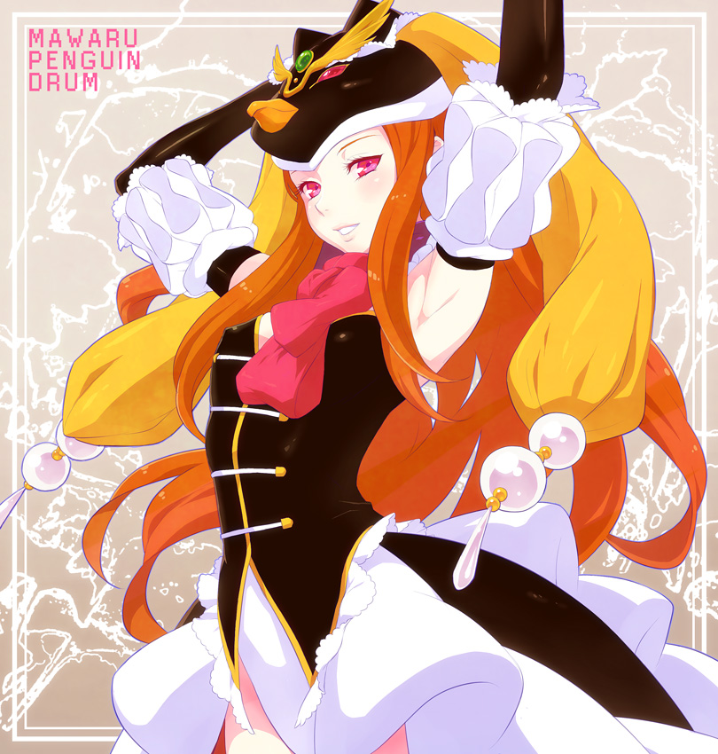 armpits, arms_up, brown_hair, face, hat, long_hair, looking_at_viewer, mawaru_penguindrum