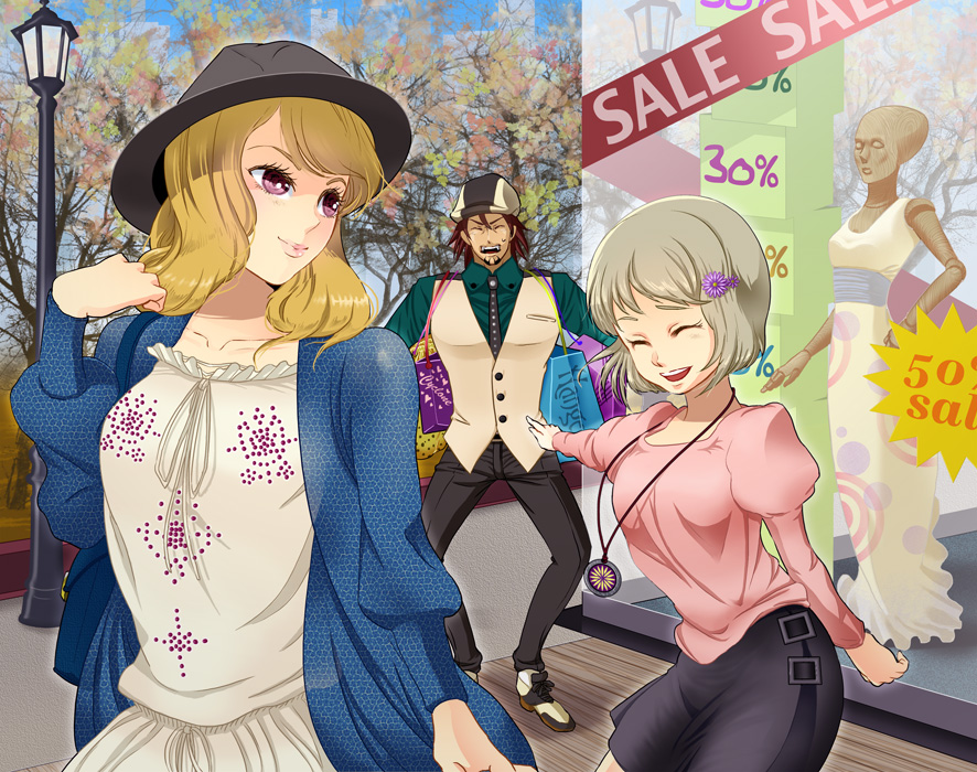 blonde_hair, brown_hair, cabbie_hat, dress, facial_hair, hair_ornament, hairclip, hat, huang_baoling, jacket, jewelry, kaburagi_t_kotetsu, karina_lyle, male, mannequin, multiple_girls, necklace, necktie, shopping, shopping_bags, short_hair, skirt, stubble, tiger_&amp;_bunny, vest, waistcoat, yamakawa_yoron