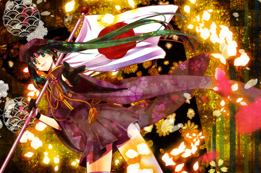bad_id, flag, gloves, green_eyes, green_hair, hat, hatsune_miku, highres