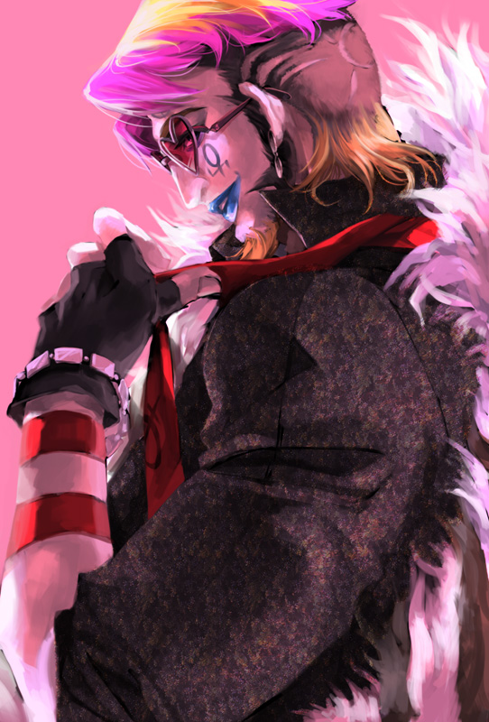 bespectacled, facial_hair, facial_mark, fact, fingerless_gloves, fur_coat, glasses, gloves