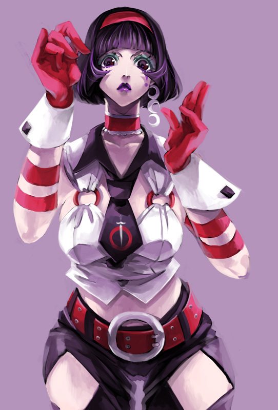 black_eyes, black_hair, bob_cut, earrings, facial_mark, fact, gloves, hairband, headband, jewelry, kriem, lipstick, makeup, necktie, short_hair, simple_background, solo, tattoo, tiger_&amp;_bunny