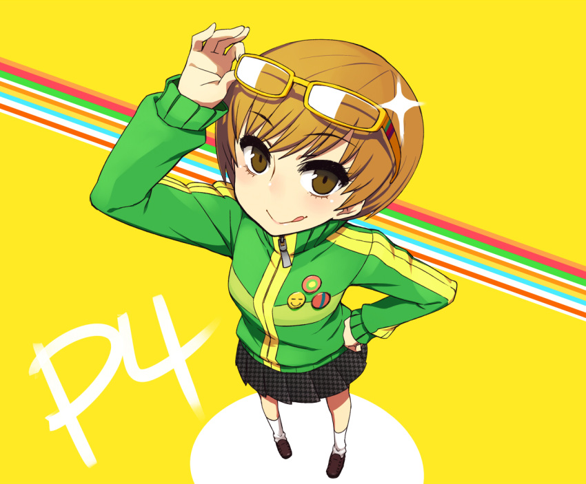 1girl, :>, :q, adjusting_glasses, blush, brown_eyes, brown_hair, chan_co