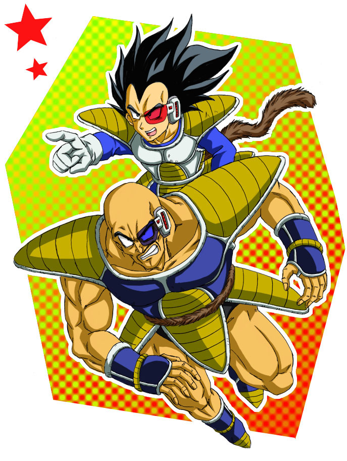 bad_id, bald, black_hair, boots, clenched_teeth, dragon_ball, dragon_ball_z, dragonball_z, gloves, monkey_tail, muscle, nappa, open_mouth, scouter, shinomiya_akino, spiked_hair, spiky_hair, tail, teeth, vegeta, widow's_peak, zhy-broom