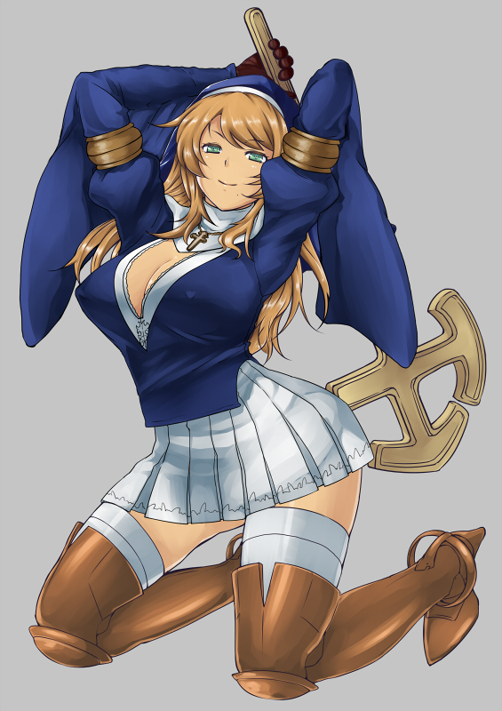 armor, armored_dress, blonde_hair, boots, breasts, character_request, cleavage, green_eyes, habit, maru_(maruttona), maruttona, nun, pleated_skirt, queen's_blade_rebellion, queen's_blade, queen's_blade_rebellion, siggy, skirt, thigh-highs, thigh_boots, thighhighs