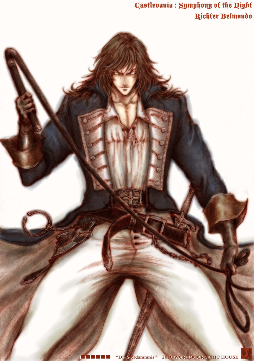 akumajo_dracula, belt, blue_eyes, brown_hair, castlevania, castlevania:_rondo_of_blood, castlevania:_symphony_of_the_night, chain
