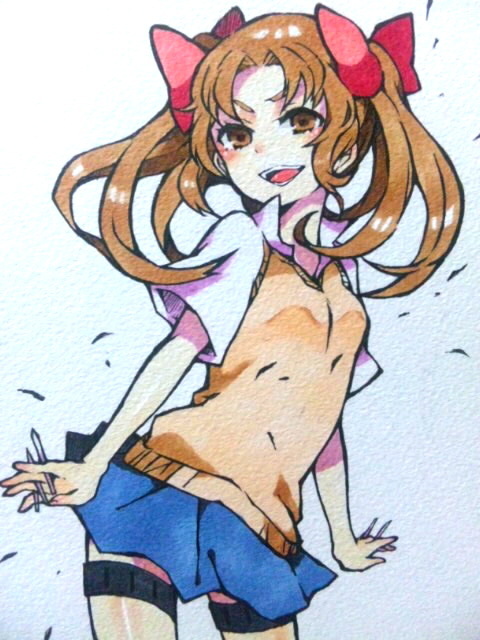 bow, brown_eyes, brown_hair, hair_bow, marker_(medium), momokan_(mmkn100), open_mouth, shirai_kuroko, skirt, solo, sweater_vest, thigh_strap, to_aru_kagaku_no_railgun, to_aru_majutsu_no_index, traditional_media, twintails