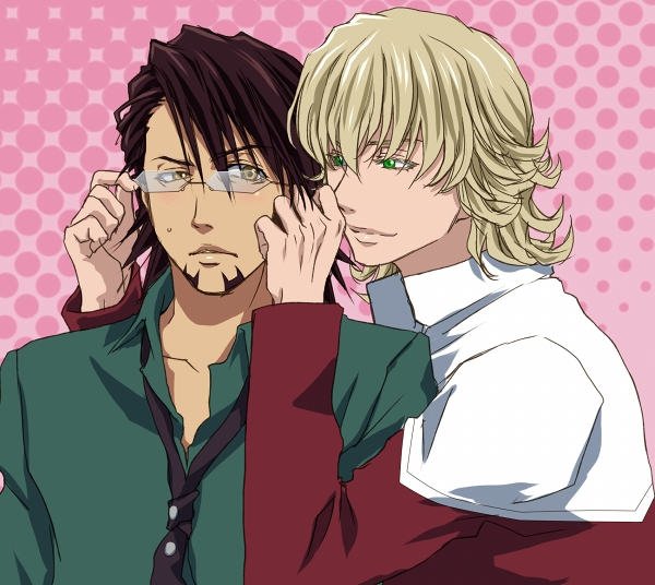 barnaby_brooks_jr, bespectacled, blonde_hair, brown_eyes, brown_hair, facial_hair, glasses, green_eyes, jacket, kaburagi_t_kotetsu, male, multiple_boys, necktie, short_hair, stubble, tiger_&amp;_bunny, yuru-chara