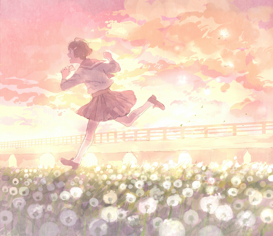 black_eyes, black_hair, cloud, dandelion, envelope, evening, field, flower