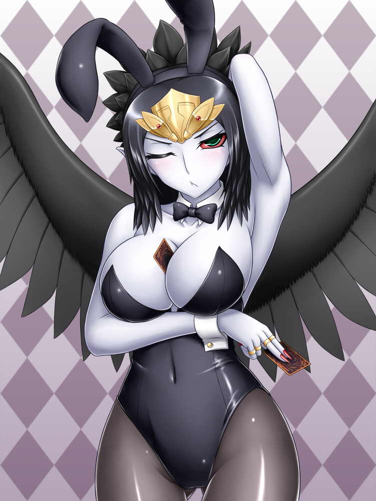 1girl, between_breasts, black_hair, black_wings, bowtie, breasts, bunny_ears, bunnysuit