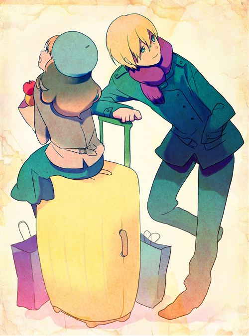 bag, blonde_hair, blue_eyes, brown_hair, chizuru_tachibana, hat, jacket, kimi_to_boku