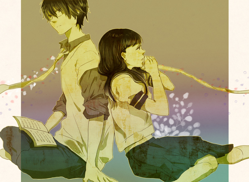 aida_hisako, back-to-back, bad_id, book, glasses, hisako, kaname_tsukahara, kimi_to_boku