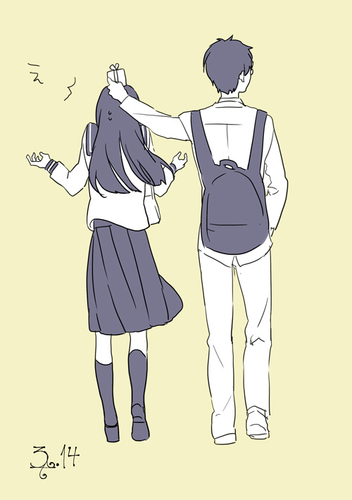 aida_hisako, back, backpack, bag, hisako, kaname_tsukahara, kimi_to_boku, long_hair, randoseru, school_uniform, serafuku, short_hair, skirt, surprised, tsukahara_kaname, valentine, walking