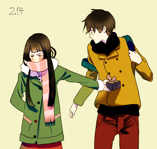 aida_hisako, black_hair, blush, glasses, hisako, kaname_tsukahara, kimi_to_boku, lowres, scarf, school_uniform, tsukahara_kaname, tsundere