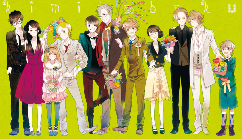 aida_hisako, akira_(kimi_to_boku), alternate_hairstyle, annotated, asaba_yuuki, asaba_yuuta, azuma_kouichi, black_hair, blonde_hair, bouquet, braid, brown_hair, chizuru_tachibana, dress, flower, formal, glasses, green_eyes, hisako, kaname_tsukahara, kaori_(kimi_to_boku), kimi_to_boku, koichi_azuma, long_hair, masaki_sato, matsuoka_shun, matsushita_ryuunosuke, necktie, pantyhose, pinstripe_pattern, pinstripe_suit, pinstriped_suit, ryunosuke_matsushita, satou_masaki, short_hair, shun_matsuoka, siblings, tachibana_chizuru, takahashi_(kimi_to_boku), tsukahara_kaname, tuxedo, twin_braids, twins, wink, yuki_asaba, yuta_asaba